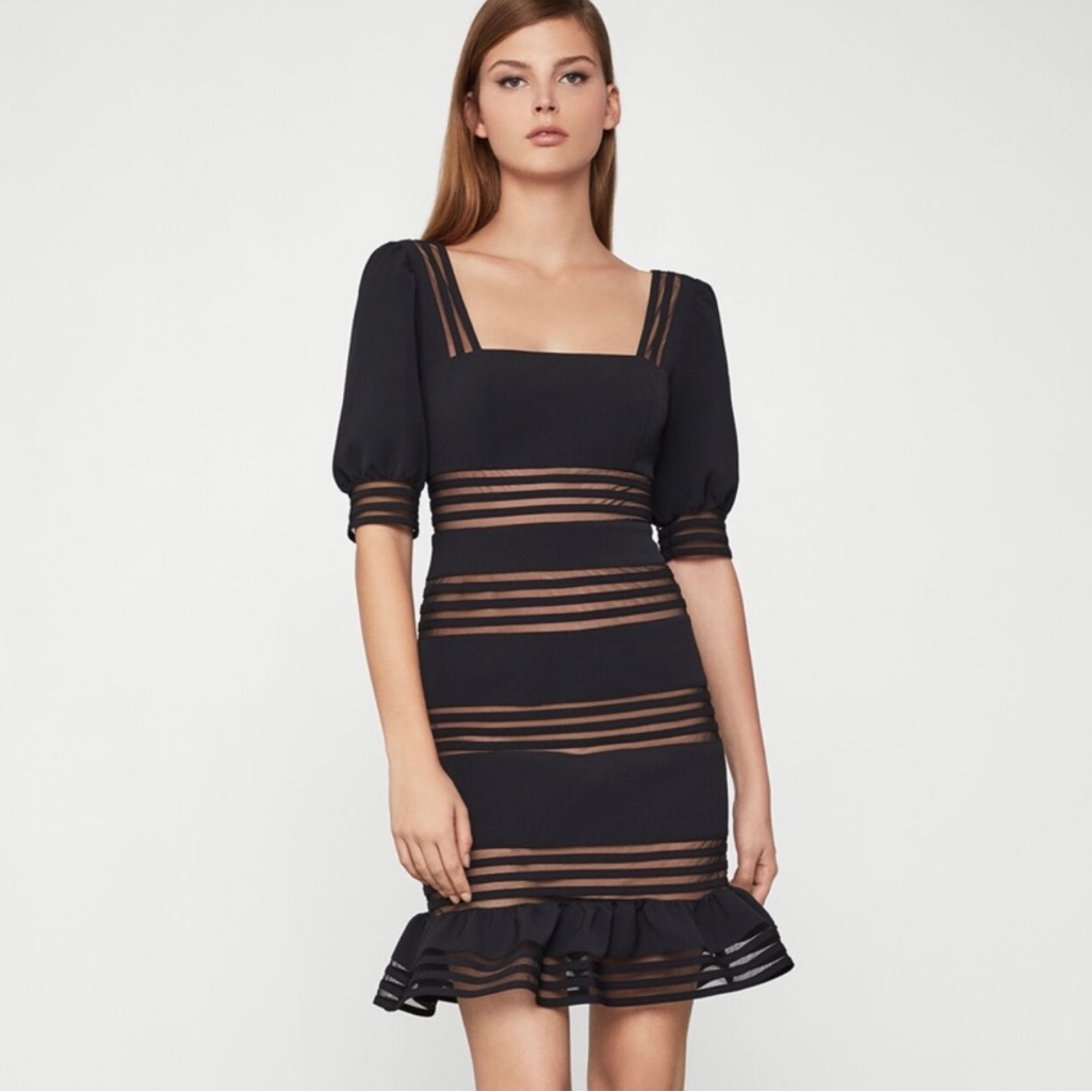 - Bcbgmaxazria Women’s Size 16 Black Ruffle Sheer Stripe Black Dress Nwt